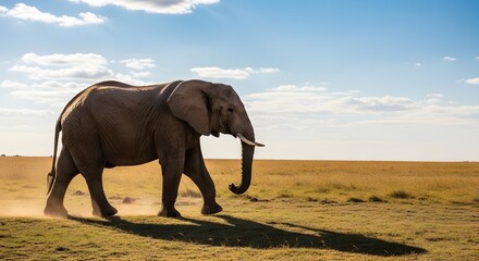 African elephant walking through a dusty savanna landscape at sunset