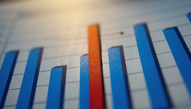Macro close-up of a printed paper bar chart, with one orange bar standing out from the blue bars, symbolizing difference, growth, or a financial report. - Powered by Adobe