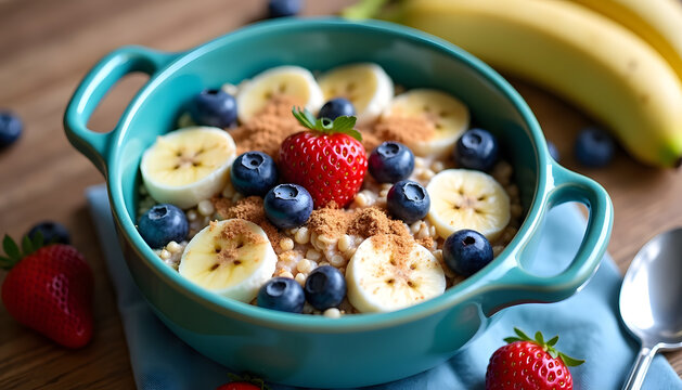 Delicious breakfast bowl with fresh fruit and cinnamon