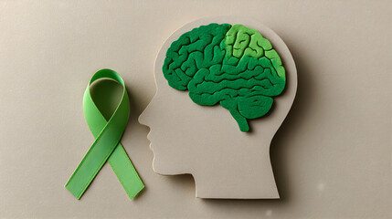 Green brain illustration with awareness ribbon symbolizing mental health and support initiatives