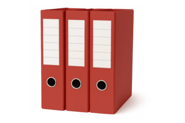 Three red lever arch binders standing, organizing documents, office files, paperwork, accounting, transparency