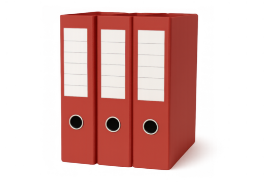 Three red lever arch binders standing, organizing documents, office files, paperwork, accounting, transparency
