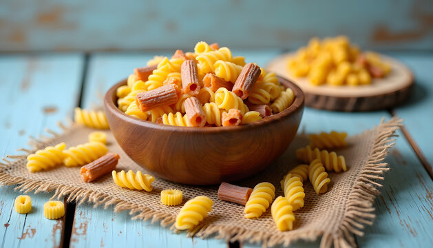 Delicious pasta in a wooden bowl on a rustic blue wooden table - Powered by Adobe