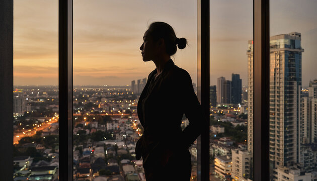 Silhouette of a successful businesswoman looking out a high-rise office window at the city skyline during a beautiful sunset, symbolizing leadership, vision, and success - Powered by Adobe