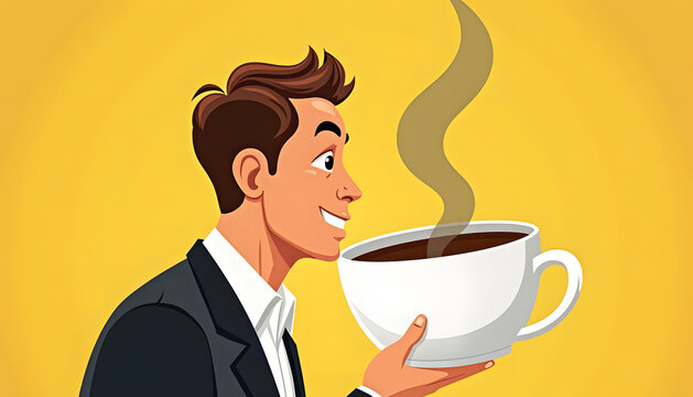 Man enjoying the aroma of fresh coffee in a large white mug, vector illustration