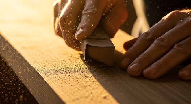 Close-up of hands sanding a wooden plank with sandpaper, creating sawdust illuminated by golden sunlight - Powered by Adobe