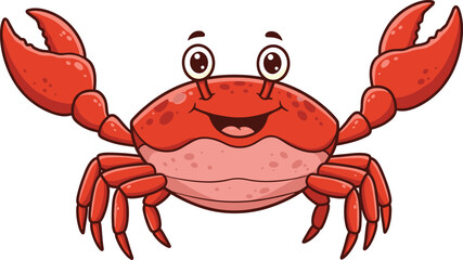 Cartoon red crab character, smiling sea animal with raised claws, ocean creature vector illustration for kids, beach, marine life, education