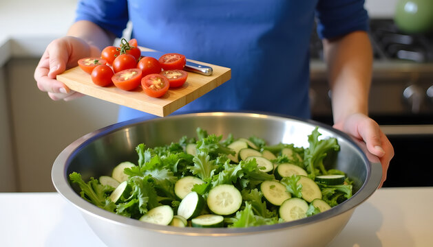 Preparing a fresh salad with tomatoes, cucumbers, and lettuce in a kitchen setting