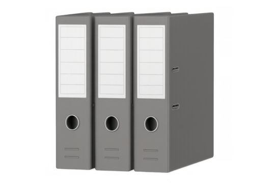 Three gray lever arch files on transparent background for archiving documents, organizing office paperwork