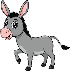 Cartoon donkey character, smiling gray animal with pink ears, raised leg pose, vector illustration for kids, farm, education, friendly wildlife