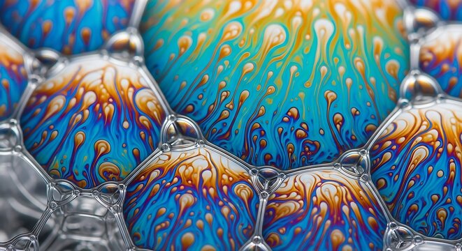 Macro close-up of vibrant iridescent soap bubbles with swirling colorful interference patterns.