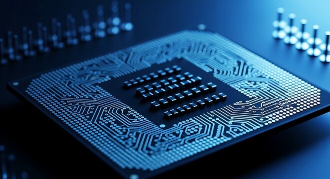 Close-up of a Central Processing Unit (CPU) with glowing blue integrated circuits and connectors, representing advanced technology, artificial intelligence, and data processing on a dark background.