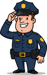 Cartoon police officer character, smiling man tipping hat, dark blue uniform, vector illustration for kids, community helper, safety, education