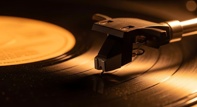 Close-up of a record player's stylus touching a spinning vinyl record, bathed in warm golden light, symbolizing vintage music and audio.