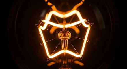 Macro close-up of a brightly glowing incandescent light bulb filament emitting warm orange light