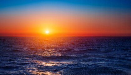 Fototapeta premium Vibrant Ocean Sunset Or Sunrise With Glowing Sun And Calm Waves On A Gradient Sky Minimalist Abstract Seascape Background