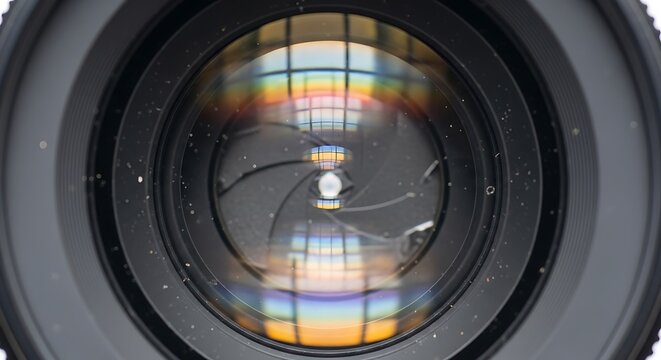 Close-up of Photography Lens Front Element with Visible Aperture Blades, Dust Particles, and Colorful Light Reflections