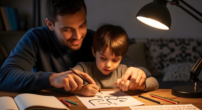 A father and young child engaging in drawing and coloring activities at a cozy home desk under warm lighting, fostering creativity and bonding
