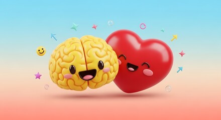 Cartoon brain and heart characters representing emotional and intellectual balance