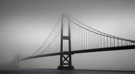 A black and white photograph of a large suspension bridge extending over a body of water with foggy weather creating a mysterious atmosphere