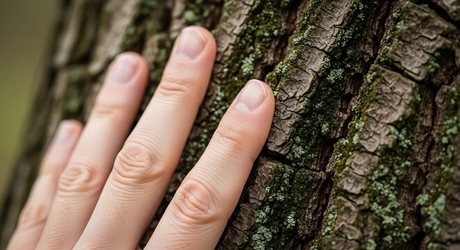Close-up of Human Hand Gently Touching Textured Tree Bark with Green Moss and Lichen