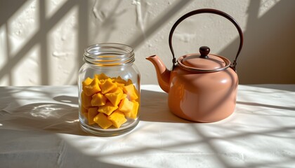 Clear jar of farfalle beside enamel kettle, soft shadows forming geometric stripes