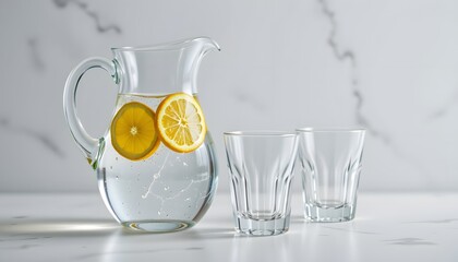 Carafe of filtered water with lemon slice, two crystal tumblers, pristine backdrop