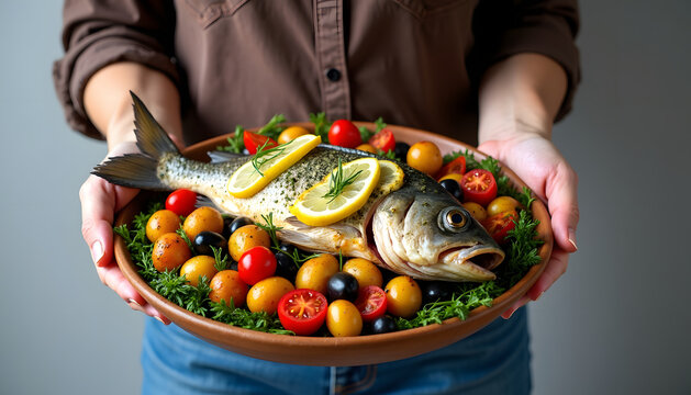 Delicious baked fish dish with lemon, tomatoes, and olives served on a plate