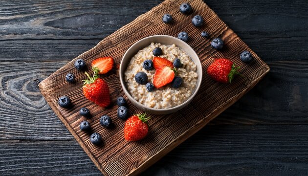 Bowl Of Oatmeal With Blueberries And Strawberries On Rustic Dark Wood Chopping Board - Powered by Adobe