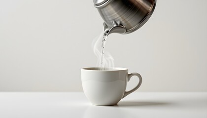 Minimal kettle pour over empty cup, steam wisp, pure background