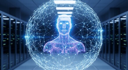 Artificial intelligence human hologram in server room for ai technology concept design use case