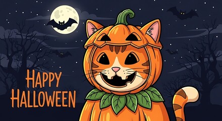 Cartoon cat in pumpkin costume with happy halloween text and moon