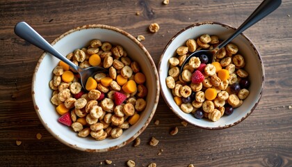 Two cereal bowls offset, one filled with granola, matte spoon crossing