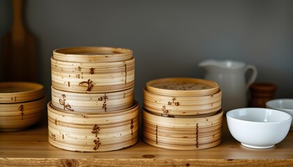 Stacked bamboo steamer baskets, porcelain dipping bowl, clean shelf