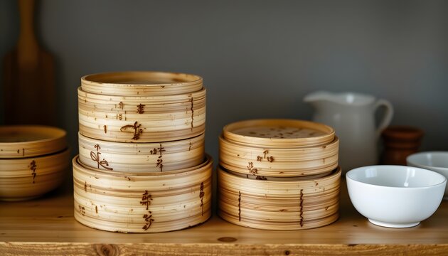 Stacked bamboo steamer baskets, porcelain dipping bowl, clean shelf