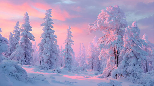 Snow-covered trees under pastel sunset sky, color gradient harmony and soft focus realism