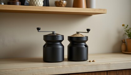 Pair of matte black grinders, sand colored shelf, reductive elegance