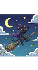 Cartoon cat witch flying on broomstick under moon and stars