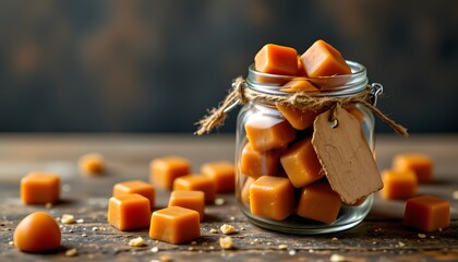 Caramel candies in small jar, parchment tag, warm highlights