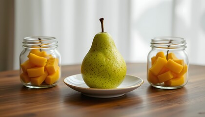 Minimal fruit accent: single green pear on saucer between jars, calm geometry