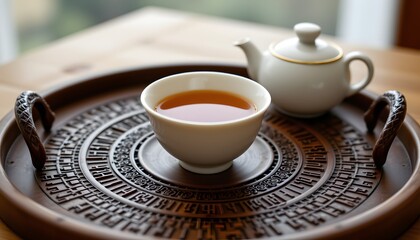 Tea tray with gaiwan and fairness cup, pale tones, disciplined balance