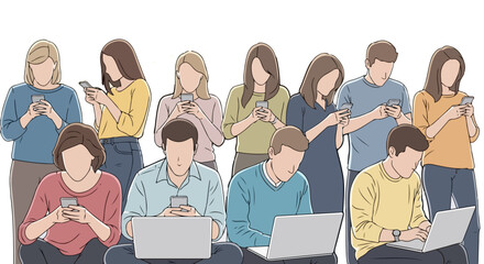 people using technology diverse group engrossed in smartphones and laptops illustrating digital age connectivity and modern communication for social media marketing.