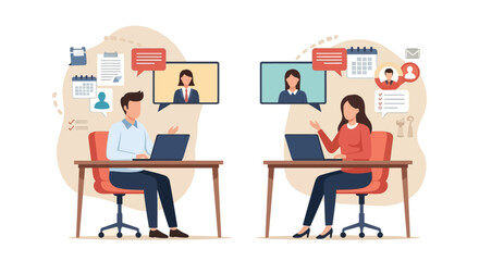 remote collaboration concept team having a virtual meeting discussing projects on laptops at desks illustrating teamwork and online communication.