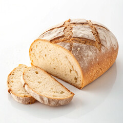 Freshly baked loaf of bread with a slice cut, clean background, soft lighting, focus on texture and details of the bread