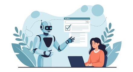 Robot assisting a woman using laptop streamlining tasks with AI technology for business efficiency and automation symbolizing modern collaboration.