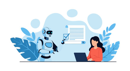 robot assistant helping businesswoman with online tasks working with AI technology improving efficiency in a modern workspace perfect for tech website