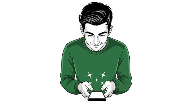 Man using smartphone browsing social media with glowing screen in casual setting ideal for tech blogs and digital lifestyle promotions.