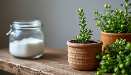 Tiny planter with rosemary next to salt jar, restrained greenery