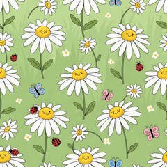 Cartoon daisies with butterflies and ladybugs on a light green background