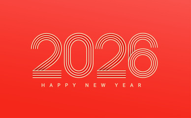 2026 New Year simple red banner with linear numbers and wishing happy holiday text.Elegant template for greeting card,invitation, poster, flyer,web.Premium vector design for New year and Christmas